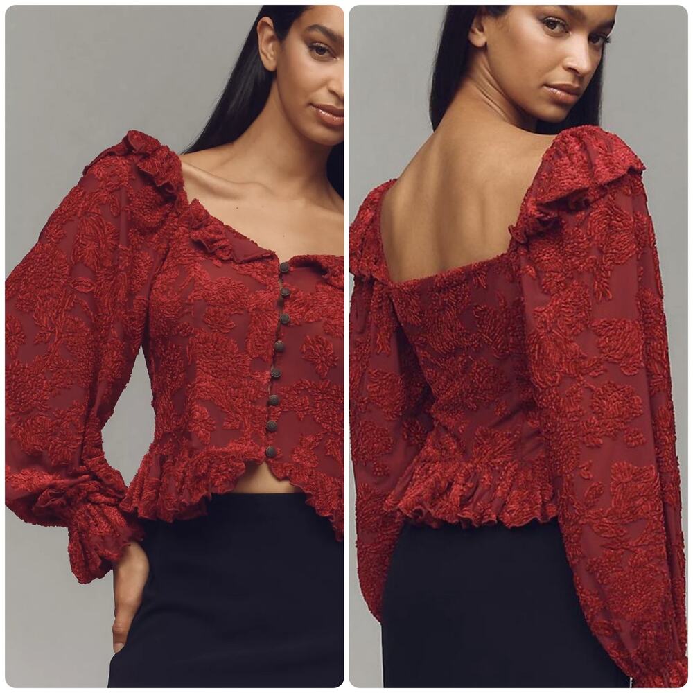 Anthropologie Red Velvet Burnout Peasant Blouse Romantic Cottagecore Top Sz S
